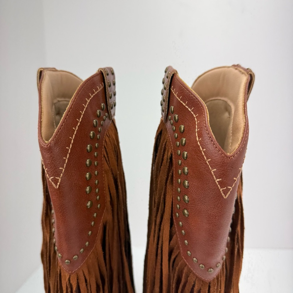 Styleloop size 7 Women’s Tan Faux Leather Studded Fringe Western Cowboy Boots - Picture 9 of 15